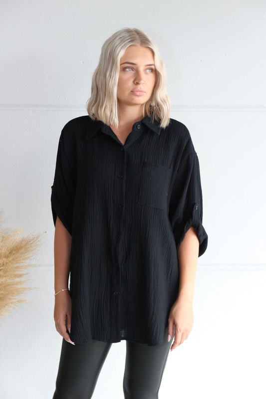 Musselin Bluse mit Tasche, lang, schwarz